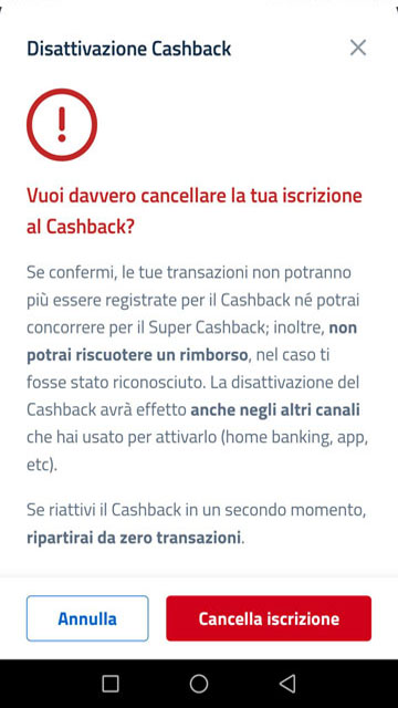 cancellazione cashback