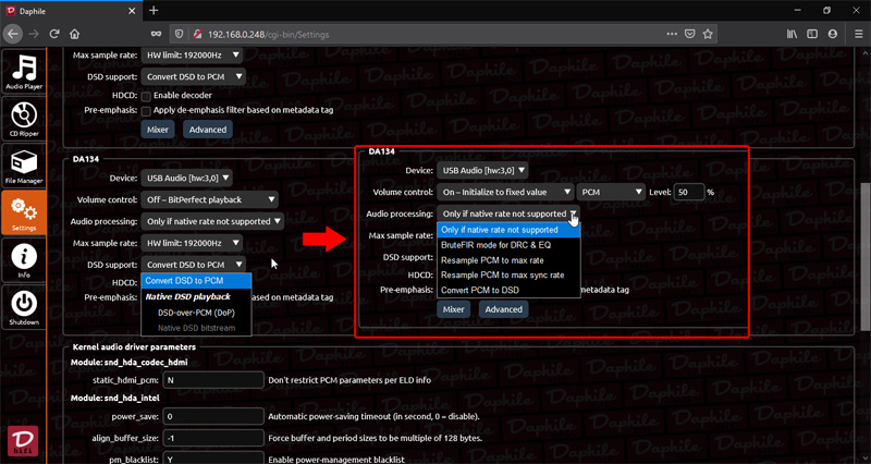 Daphile, impostazioni dac
