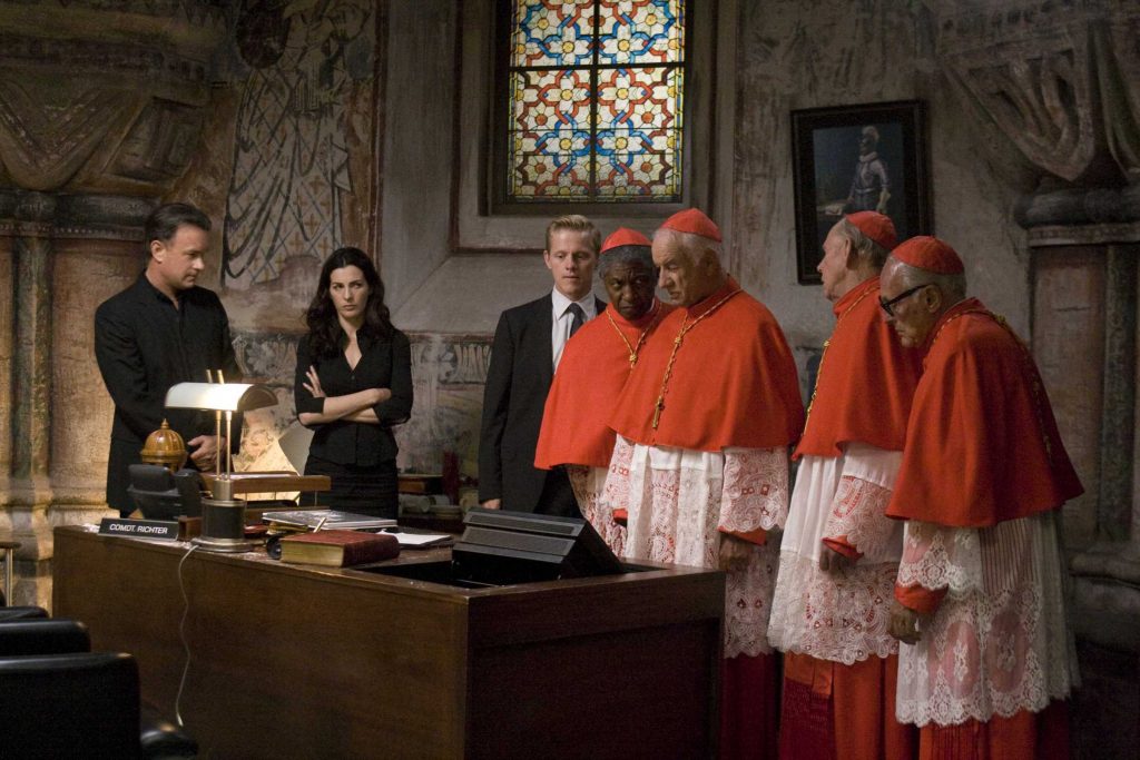 L-r, Tom Hanks, Ayelet Zurer, Thure Lindhart, unidentified, Armin Mueller-Stahl, Rance Howard and unidentified, in Columbia Pictures' suspense thriller "Angels & Demons."